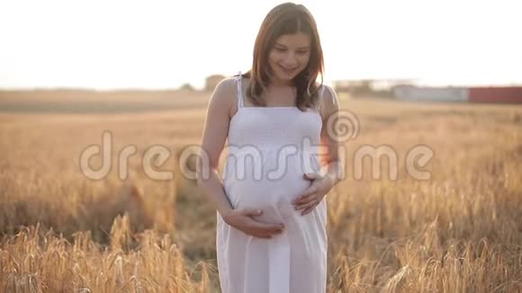 怀孕的黑发女人穿着白色连衣裙在田野里视频的预览图