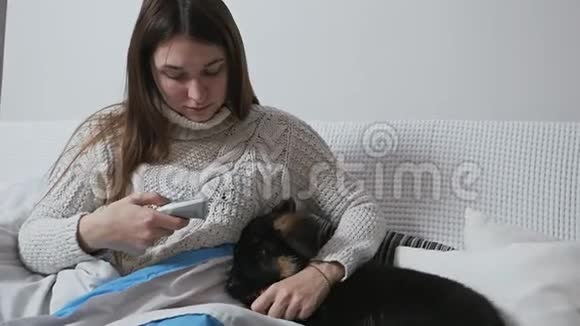 女孩用电子医用红外线体温计检查狗狗的温度视频的预览图