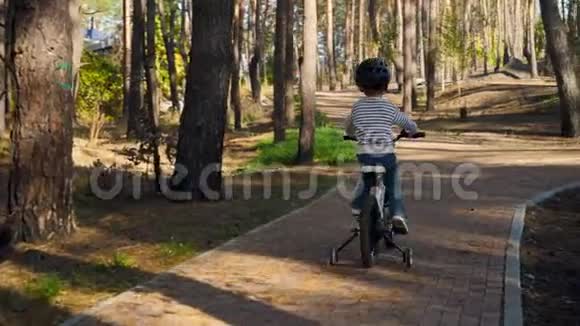在美丽的秋天公园小男孩骑着自行车上路视频的预览图