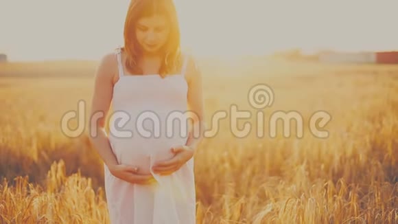 美丽的孕妇在日落时散步视频的预览图