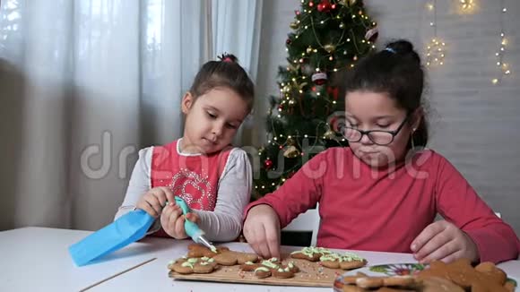 孩子们在家烤圣诞饼干装饰圣诞饼干的过程孩子们装饰姜饼视频的预览图
