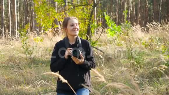 4k视频年轻的野生动物摄影师记者带着相机在森林里散步寻找动物视频的预览图