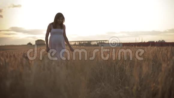 美丽的孕妇在日落时散步视频的预览图