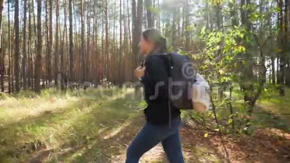 4k视频美丽的微笑女人在森林中徒步旅行在高树之间的小径上散步视频的预览图