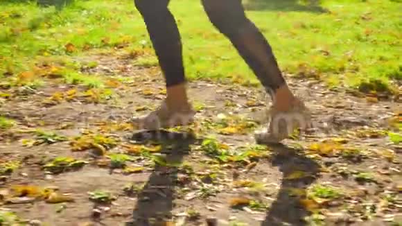 4k慢动作视频年轻运动女子迎着灿烂的阳光在秋季公园奔跑视频的预览图