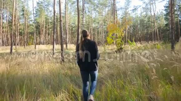 4k段年轻女子在森林中徒步旅行的视频并用专业摄像机拍摄野生动物照片视频的预览图