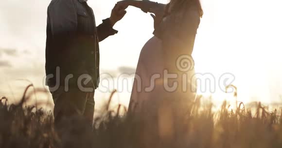 日落时分浪漫的情侣在田野里跳舞视频的预览图