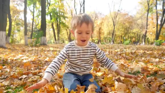 微笑的小男孩在秋天的公园里捡起黄叶并把它们扔进照相机的慢镜头视频的预览图