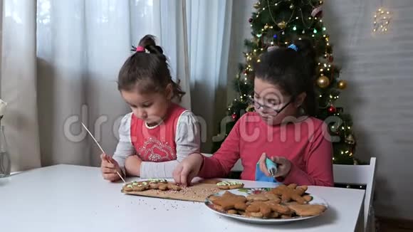 姐妹女孩为节日装饰圣诞饼干姜饼图案视频的预览图