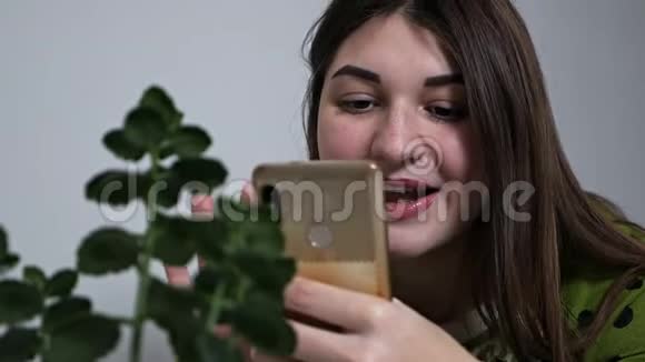 年轻女孩在电话里拍照回家的植物生态博客生态爱好关心环境春天视频的预览图