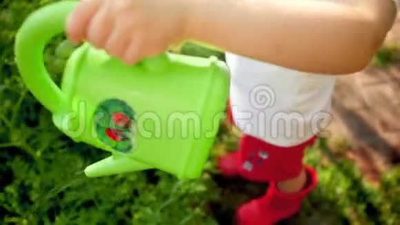 特写4k小男孩用绿色塑料浇水罐在地上浇水的镜头视频的预览图
