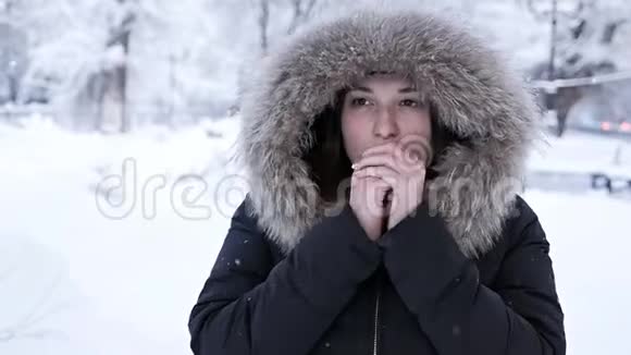 冬天的女孩吹在她的手上寒冷的天气雪霜冻冻僵少女在冬季公园散步视频的预览图