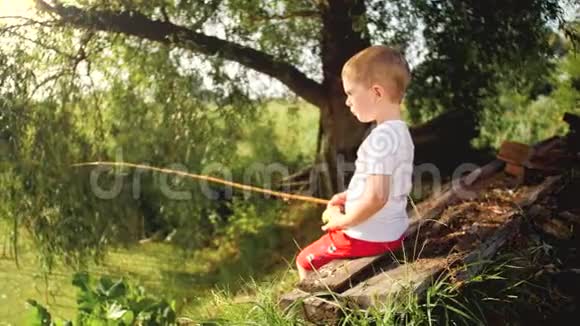 4k视频小男孩坐在河岸上的老树干上拿着木制钓竿视频的预览图