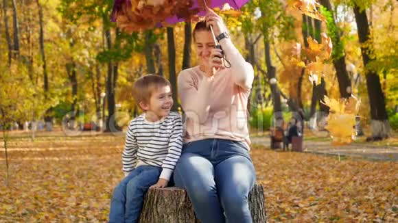 金色秋叶从伞上落下来的慢动作视频年轻的母亲和微笑的小男孩坐在树上视频的预览图