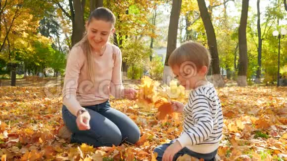 4k视频年轻微笑的母亲和她的小儿子坐在秋天公园的草地上收集黄色和红色的树视频的预览图