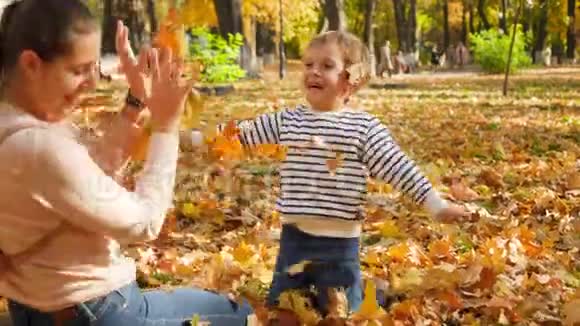 公园里小男孩向母亲扔秋叶的4k视频视频的预览图