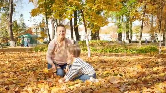 4k视频欢乐的家庭小男孩坐在公园的草地上扔黄色和红色的树叶视频的预览图