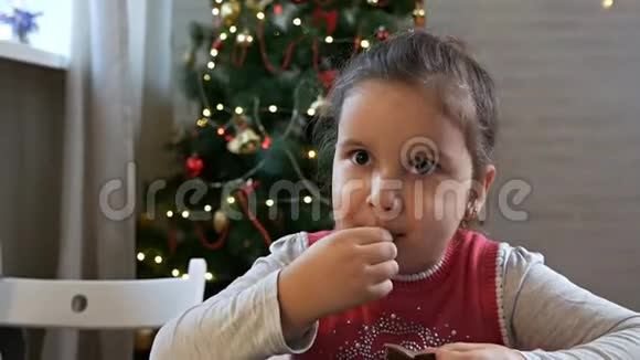 圣诞前夜坐在圣诞树旁吃巧克力圣诞老人的女孩在家庆祝圣诞节视频的预览图