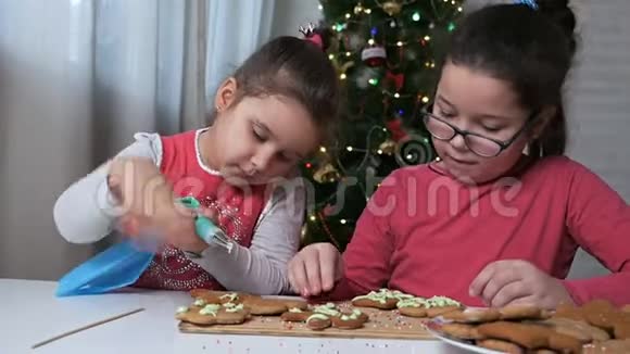 孩子们做圣诞饼干儿童装饰姜饼人姜饼为圣诞节庆祝儿童视频的预览图