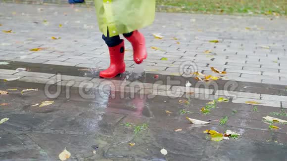 儿童穿红色橡胶惠灵顿靴子和雨衣在大水坑里跳跃和行走的4k特写慢动作视频视频的预览图