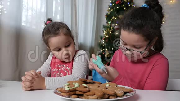 孩子们在家烤圣诞饼干装饰圣诞饼干的过程孩子们装饰姜饼视频的预览图