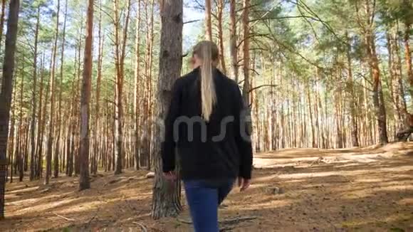 年轻微笑的女人在森林里散步和触摸大杉树的4K视频人们热爱和保护自然的观念视频的预览图