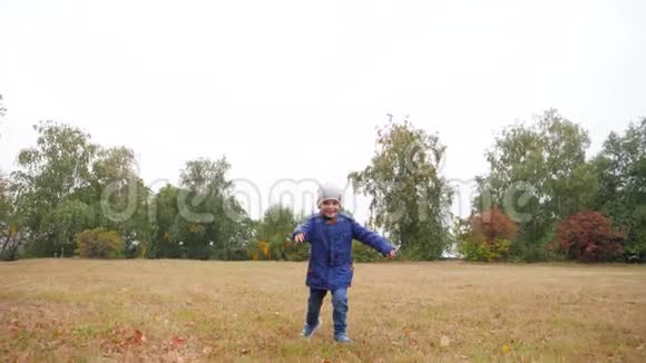 在寒冷的秋日一个快乐的微笑和欢笑的男孩在田野的干草上奔跑视频的预览图