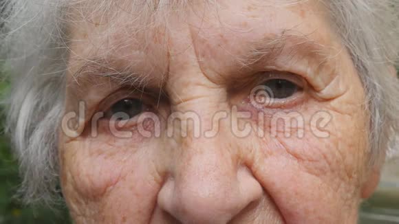 老妇人戴上眼镜看着照相机奶奶在外面戴眼镜伤心祖母户外画像视频的预览图