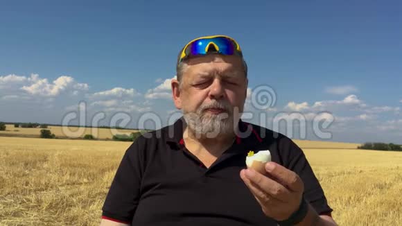 农夫吃黄瓜和煮鸡蛋坐在户外的麦田里视频的预览图
