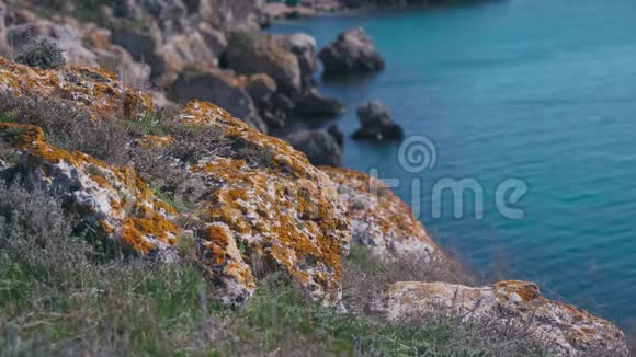海边的岩石上有巨大的橙色石头视频的预览图