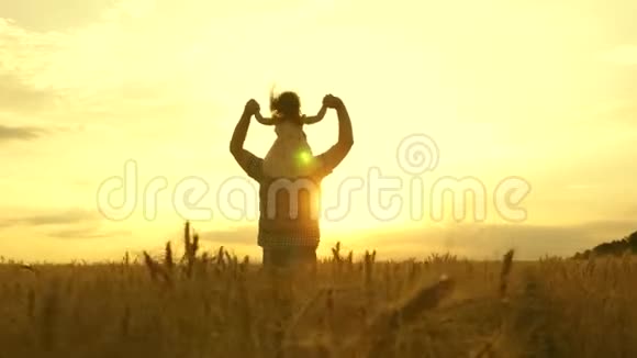 父亲的小女儿在黄日落的背景下田间地头小男孩和爸爸一起旅行视频的预览图