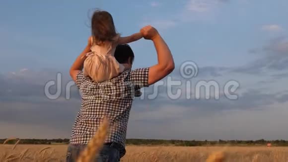 孩子和父母在大自然中玩耍在蓝天的映衬下小快乐的女儿站在父亲的肩膀上小男孩和视频的预览图