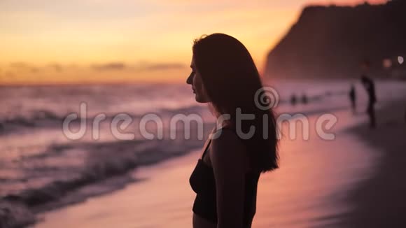 海面上的日落优雅的女人站在海滩上举手4k视频的预览图