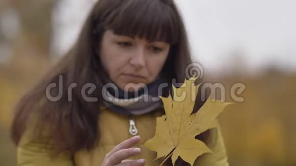伤心的女人手里拿着枫叶在秋天的户外想着什么视频的预览图