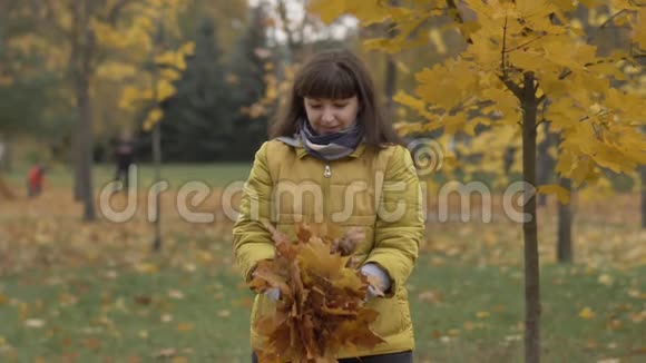 快乐的女人把秋天的黄枫叶扔上去叶子落在女人身上视频的预览图