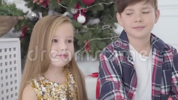 白人男孩在圣诞树下亲吻可爱女孩的特写肖像除夕初恋视频的预览图