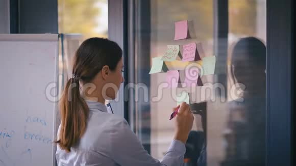 商务女性使用粘性笔记头脑风暴解决问题策略玻璃白板显示解决方案视频的预览图