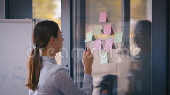 有吸引力的商务女性在办公室的玻璃上的贴纸和胶水上写信息4k视频的预览图