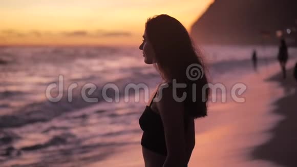 海面上的日落优雅的女人站在海滩上举手4k视频的预览图