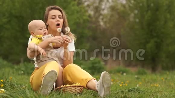 年轻的妈妈和宝宝正在草地上坐在公园里吹蒲公英妈妈天妈妈和宝贝副本视频的预览图