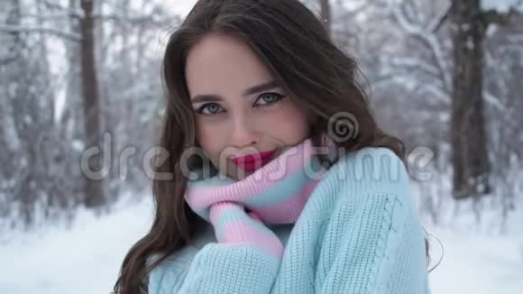 白雪皑皑的乡村美丽的女人视频的预览图