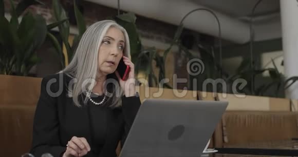 女企业主坐在咖啡馆里谈智能手机成功的成熟的小精灵视频的预览图