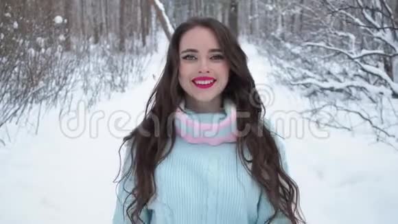 时髦的年轻女子走向冬林视频的预览图
