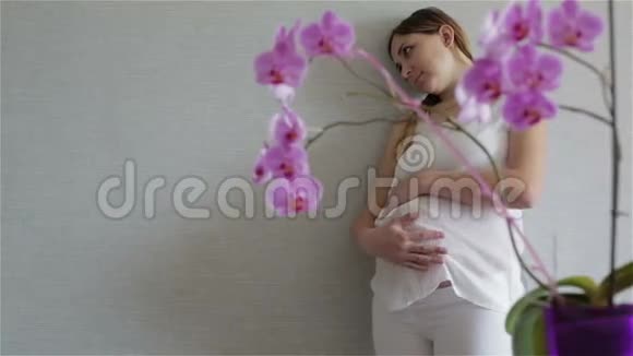 穿着白色衬衫和裤子的孕妇站在灰色的墙壁附近抚摸着大肚子视频的预览图