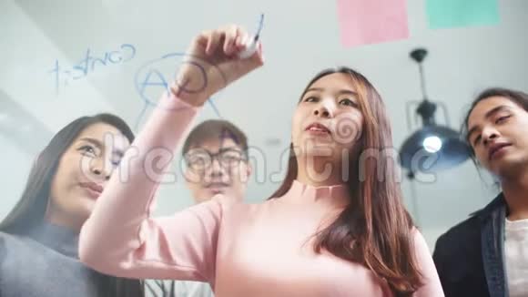 亚洲女人用粘稠的笔记写玻璃墙领导创意团队在现代办公室开会商业人士团队合作视频的预览图