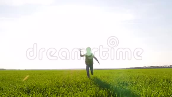 一个小男孩跑过田野手里拿着一架玩具飞机孩子启动飞机儿童的情绪视频的预览图