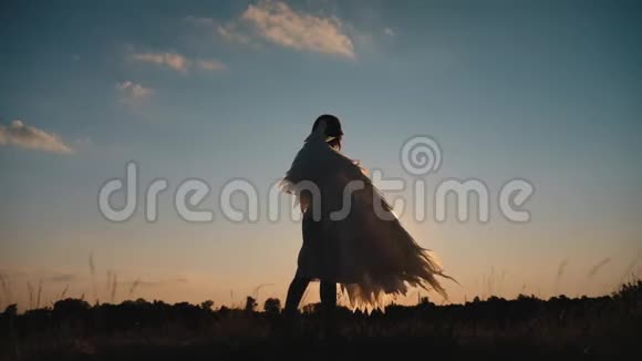 日落时分一个穿着天使翅膀在草地上旋转的女孩视频的预览图