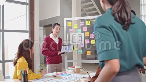 亚洲女商人带领创意开发者团队进行应用开发演示会议移动应用软件设计视频的预览图