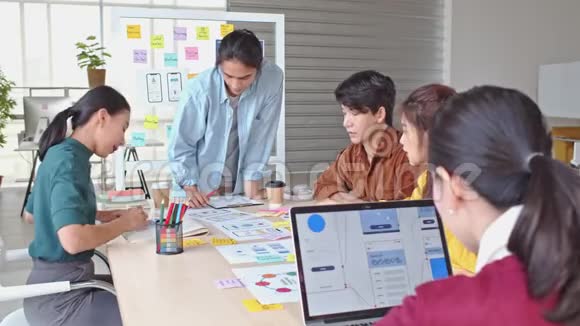青年亚洲商业创意团队合作移动应用软件设计项目头脑风暴会议概念视频的预览图