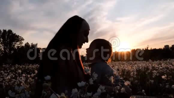 日落时分一个小孩坐在他母亲怀里的慢动作和父母一起在公园的花圃里散步视频的预览图